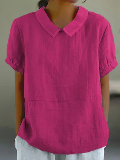 Airy Women's Linen Blouse Short Sleeve with Peter Pan Collar