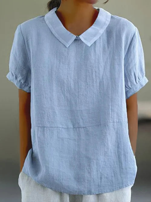 Airy Women's Linen Blouse Short Sleeve with Peter Pan Collar