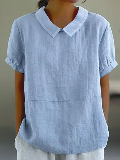Airy Women's Linen Blouse Short Sleeve with Peter Pan Collar