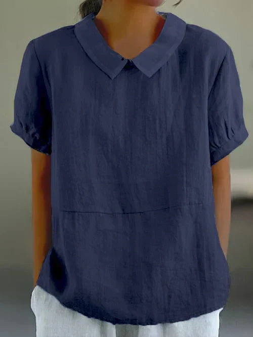 Airy Women's Linen Blouse Short Sleeve with Peter Pan Collar