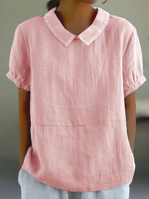 Airy Women's Linen Blouse Short Sleeve with Peter Pan Collar