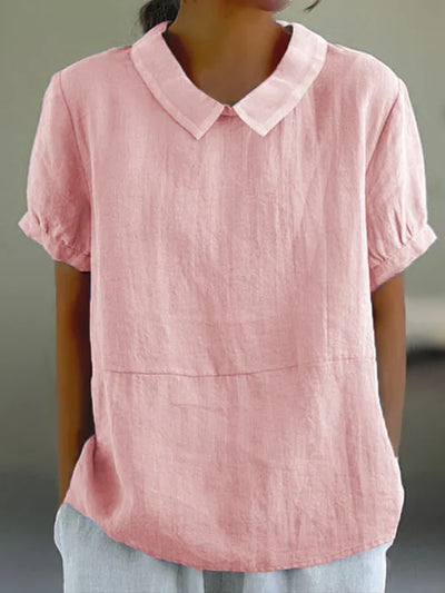 Airy Women's Linen Blouse Short Sleeve with Peter Pan Collar