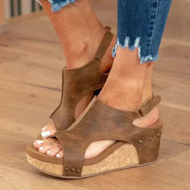 Orthopedic Leather Women's Sandal with Wedge Heel and Comfort Footbed