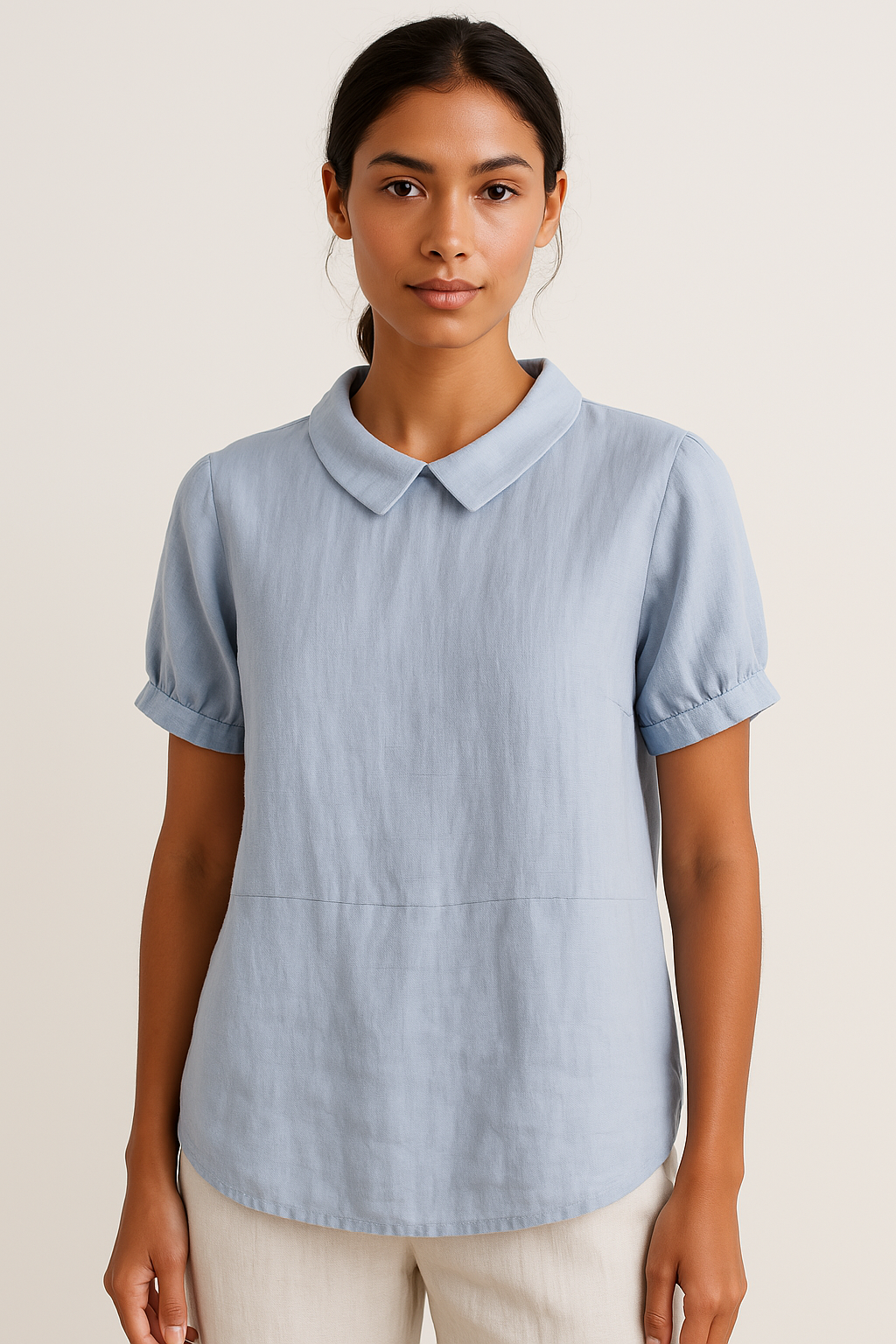 Airy Women's Linen Blouse Short Sleeve with Peter Pan Collar