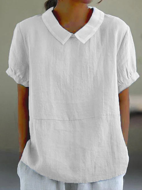 Airy Women's Linen Blouse Short Sleeve with Peter Pan Collar