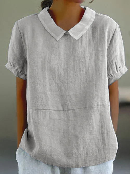 Airy Women's Linen Blouse Short Sleeve with Peter Pan Collar